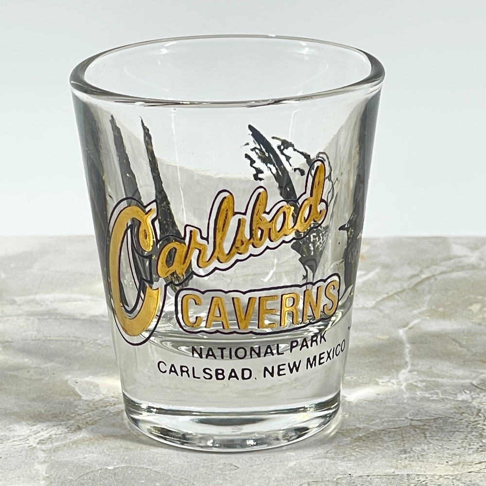 Carlsbad Caverns National Park New Mexico Shot Glass Roadrunner Souvenir Gold